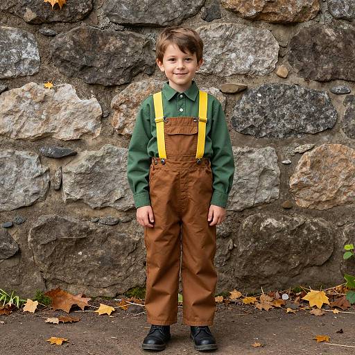 Young Boy in Brown Overalls with Yellow Suspenders