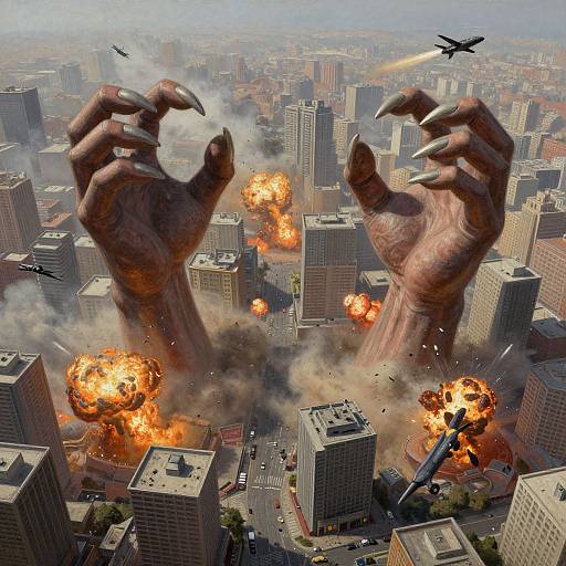 Photograph-style CGI: Giant, clawed hands destroying city with fiery explosions, smoke, and a falling jet in an urban skyline.