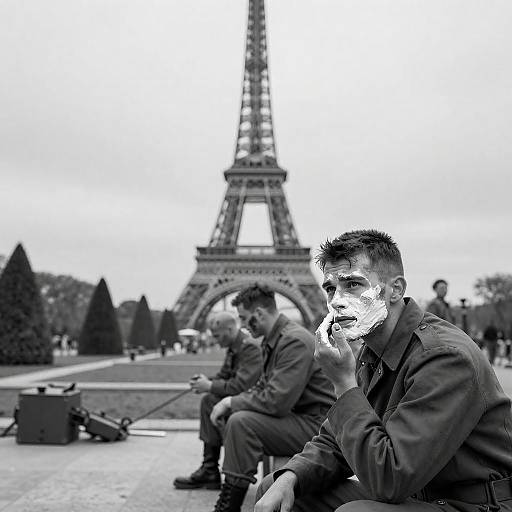 Soldier Applying Shaving Cream Near Eiffel Tower