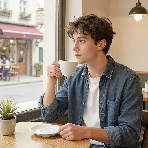 Photograph of a young man with curly dark hair, wearing a blue denim shirt over a white tee, sipping from a white cup at a sun