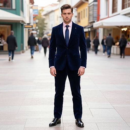 Photograph of a handsome, bearded man in a dark blue suit, white shirt, and black tie standing confidently in a busy urban street with blurred