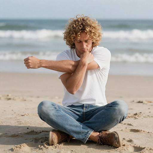 Man Stretching on Sandy Beach