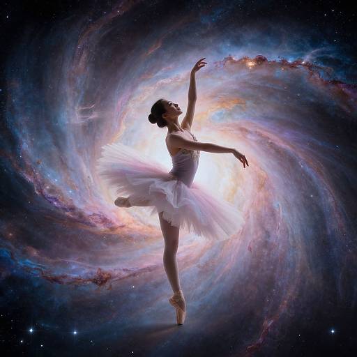 Photograph-like digital art of a ballerina in a white tutu and pointe shoes, silhouetted against a swirling, colorful galaxy