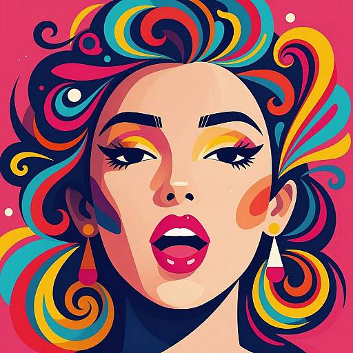 Bright, vibrant pop art portrait of a woman with colorful, swirling hair, bold makeup, and red lips, set against a pink background.
