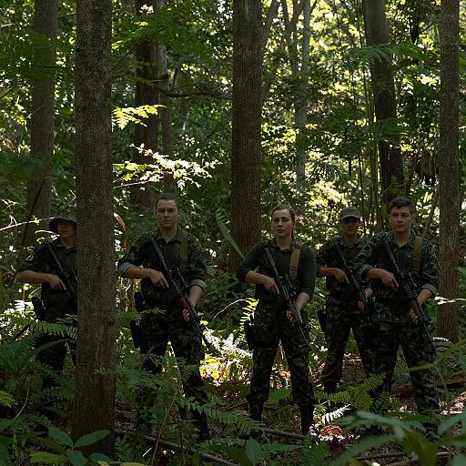 Camouflaged Group in Sunlit Forest
