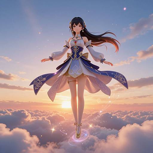 Digital anime-style illustration of a beautiful, long-haired girl in an ornate blue and white dress floating above a sunset-lit, cloud-covered sky.