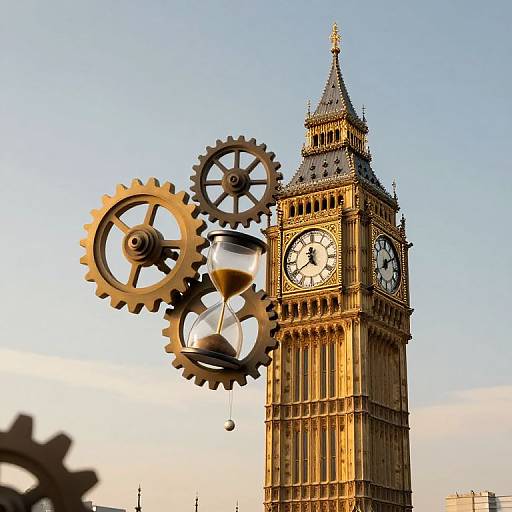 Photograph of the London Clock Tower with large, metallic gears and a sand timer in front against a clear blue sky.