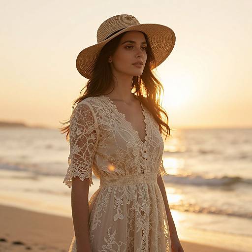 Photograph of a young woman with long brown hair in a lace, V-neck dress and straw hat, standing on a sunset beach. Warm light highlights