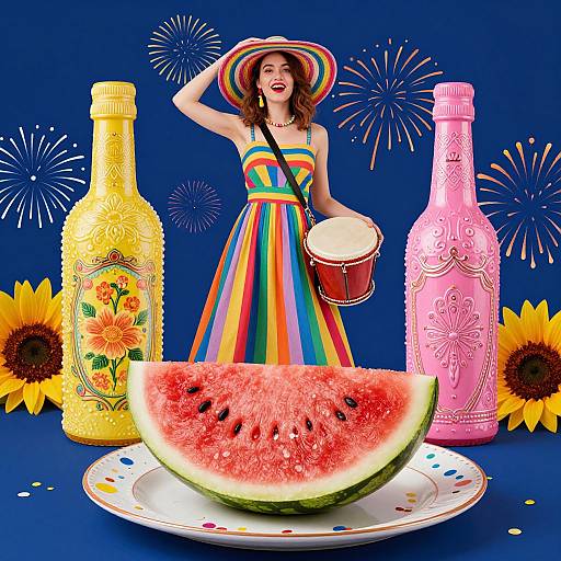 Colorful photograph: Woman in rainbow dress, sunhat, drum, yellow and pink decorated bottles, watermelon slice, sunflowers, fireworks background.