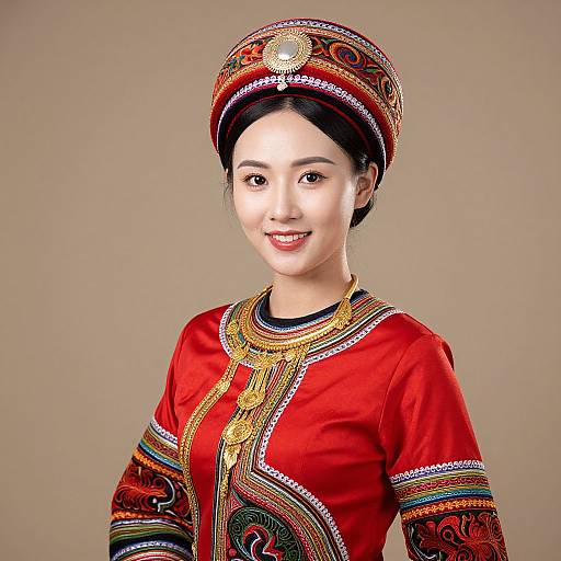 Photograph of an Asian woman with fair skin, black hair, wearing a vibrant red traditional dress and matching ornate hat, adorned with gold and black