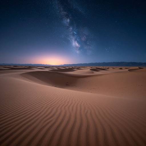 Photograph of a starry night sky above rippled desert sand dunes, with a glowing horizon and the Milky Way stretching overhead.
