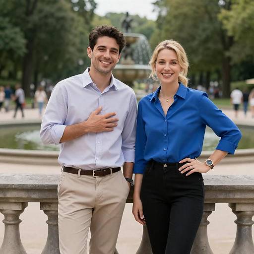 Smiling Couple Standing by Fountain in Park