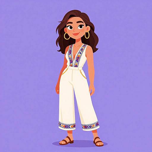 Digital illustration of a smiling woman with brown wavy hair, wearing a white sleeveless romper with blue patterns, large gold hoop earrings, and brown