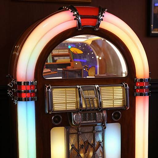 Photograph of a brightly illuminated vintage slot machine arch with red, white, and blue neon lights, reflecting casino interior.