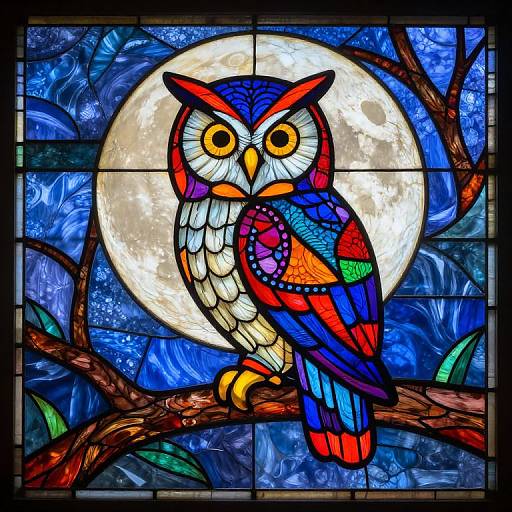 Vibrant stained glass artwork of a multicolored owl with yellow eyes perched on a branch, against a full moon and blue night sky.