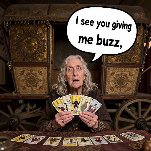 Photograph of an elderly woman with white hair, holding a hand of cards, saying 