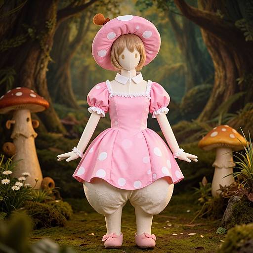 Photorealistic CGI of a doll-like character in a pink polka-dot dress and hat, standing in a whimsical forest with large mushrooms and lush