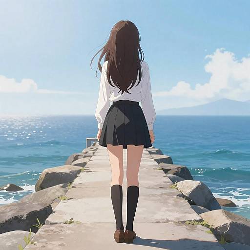 Anime Girl with Brown Hair on Pier