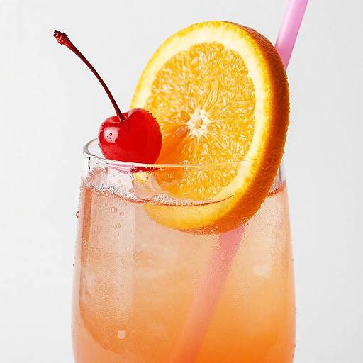 Photograph of a glass with a pink cocktail, orange slice, and cherry on a white background, with a pink straw.