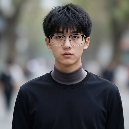 Photograph of an Asian male with black hair, glasses, and a black turtleneck sweater, standing in a blurred urban street.