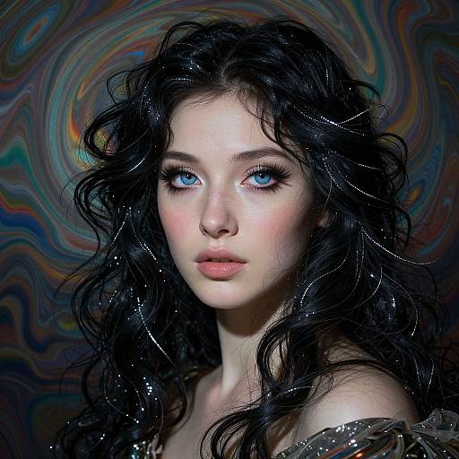 Digital portrait of a pale-skinned woman with striking blue eyes, long wavy black hair, and sparkling eyelashes, set against a swirling, colorful