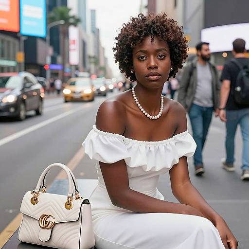 Elegant Black Woman in White Dress Sitting on City Bench