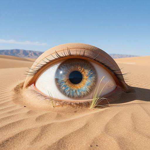 Photograph of a blue and yellow iridescent eye with long eyelashes emerging from golden sand dunes under a clear blue sky.