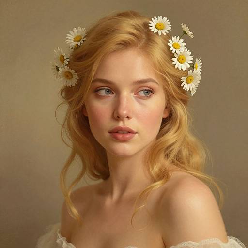 Digital painting of a fair-skinned, blue-eyed, blonde woman with wavy hair, wearing white daisy flowers in her hair and an off-