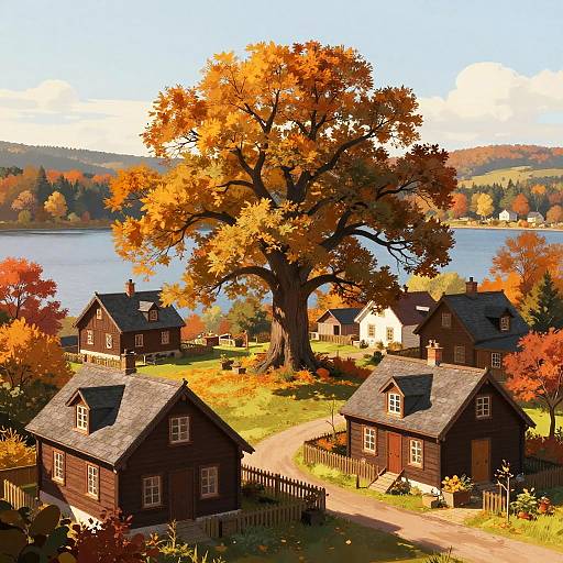 Serene Autumn Lakeside Village