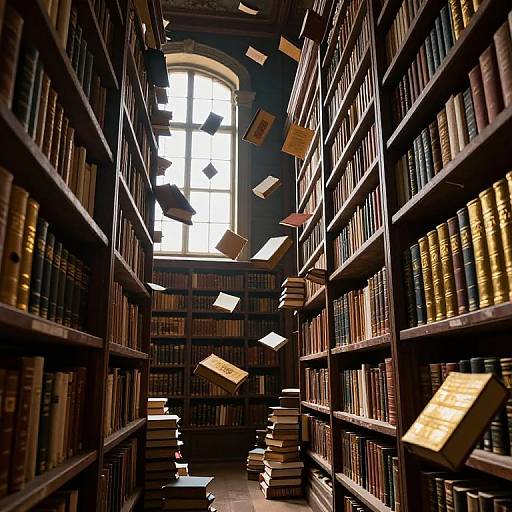 Photograph of a dimly lit library with tall wooden bookshelves on both sides, books floating in mid-air, sunlight streaming through an arched