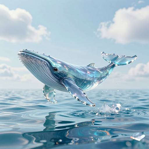 Photorealistic digital art of a leaping, water-covered humpback whale with splashing tail in a bright blue ocean under a cloudy sky.