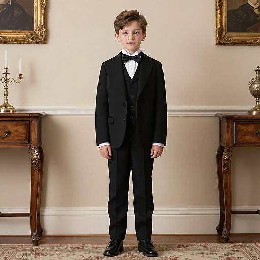 Photograph of a young boy in a formal black suit, white shirt, and black bow tie, standing in an elegant room with antique wooden tables and
