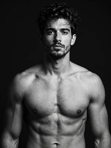 Black-and-white photograph of a muscular, shirtless man with curly hair and beard, standing against a dark background. His defined abs and chest are prominently