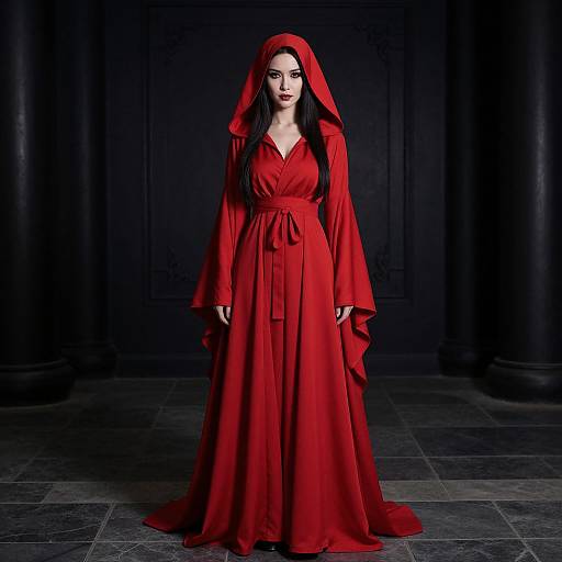 Photograph of a pale-skinned woman with black hair, wearing a long, flowing red dress and hooded cloak, standing in a dark, column