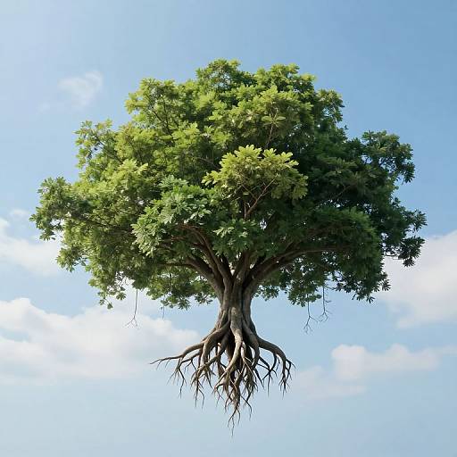 Photograph of a large, leafy tree with visible roots, floating in a bright blue sky with scattered white clouds.
