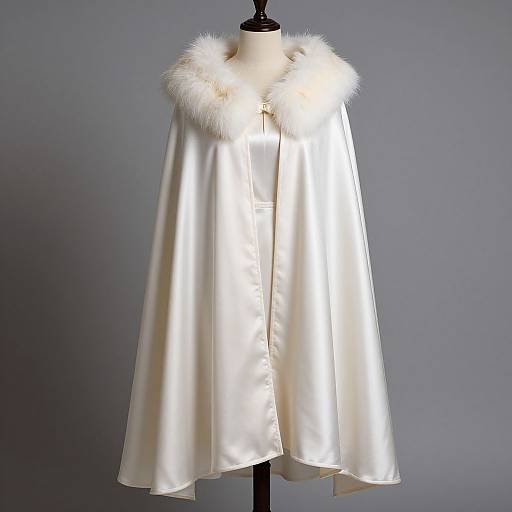 Photograph of a white satin cape with fluffy white fur trim on the collar, displayed on a black dress form against a gray background.