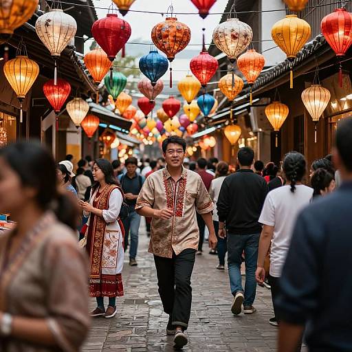 Photograph of a bustling, colorful Asian street market with hanging red, orange, and blue lanterns, people in traditional and modern clothing, and cob