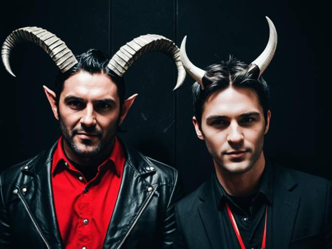 Two Men in Demon Horn Costumes