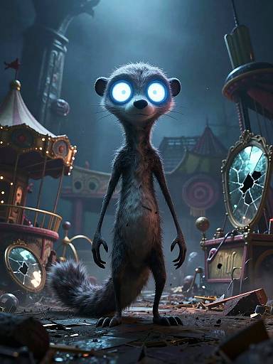 CGI image of a glowing-eyed, black-and-white-furred raccoon standing in a dark, steampunk carnival with broken mirrors and twinkling