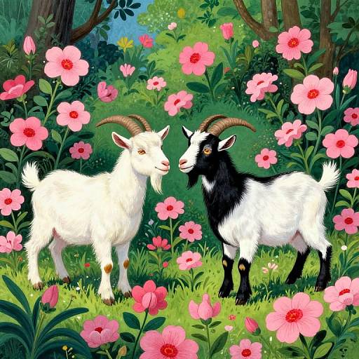Digital illustration of two goats with white and black fur, standing in a vibrant forest filled with pink flowers and lush greenery.