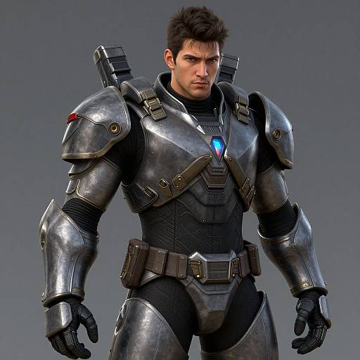 Photorealistic CGI of a muscular, dark-haired man in shiny, metallic sci-fi armor with blue glowing chest emblem, standing against gray background.