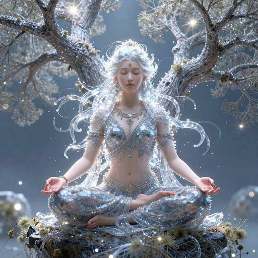 Digital artwork of a serene, ethereal woman with glowing white hair, silver jewelry, and translucent attire, meditating on a tree branch amidst twinkling