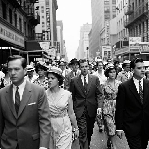 Black-and-white photograph of 1950s city street; men in suits, women in dresses and hats, crowded, bustling, tall buildings lining the