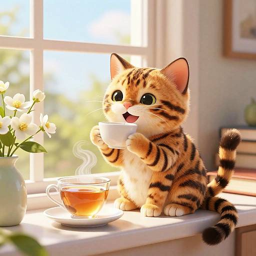 Whimsical Bengal Cat with Jasmine Tea