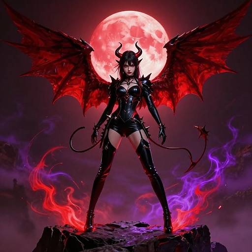 Digital artwork of a demonic woman with red wings, black armor, and thigh-high boots, standing on a rock before a glowing red moon, surrounded by