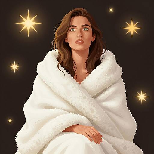 Woman Wrapped in White Blanket with Glowing Stars