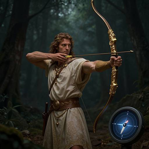 Photograph of a muscular, long-haired man in ancient Roman armor, drawing a gold bow in a dark, misty forest, with a blue compass