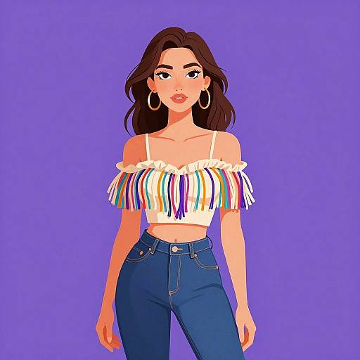Digital illustration of a young woman with long brown hair, wearing a colorful off-shoulder crop top and high-waisted blue jeans, against a