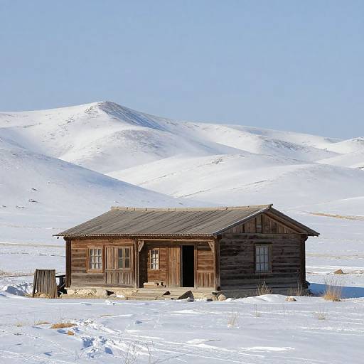 Photograph of a rustic, wooden cabin with a snow-covered roof, set in a vast, snowy landscape with a towering mountain in the background under a