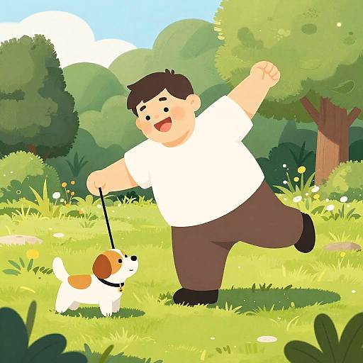 Joyful Cartoon Fat Guy Playing Dog